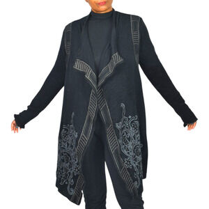 Paparazzi Biz Embroidered Asymmetric Cardigan Jacket Black Duster Cotton Medium